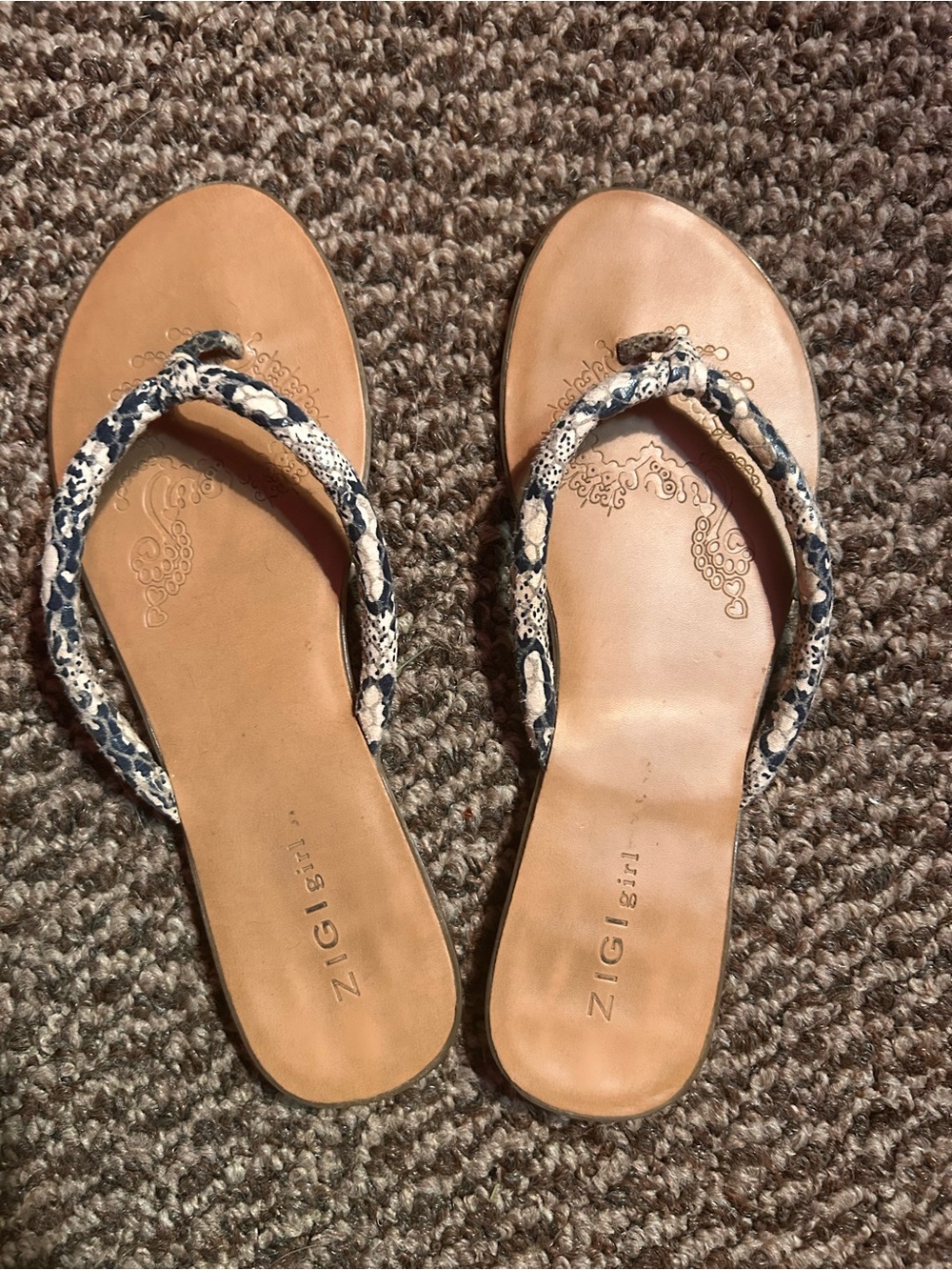 ZIGI girl Tan Footbed Flip Flops with Navy Snake-Print Straps